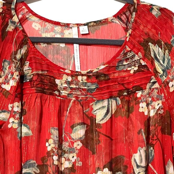 Lauren Conrad Size L Floral Print Boho Blouse Red & Gold Sheer Pleated - Picture 2 of 8